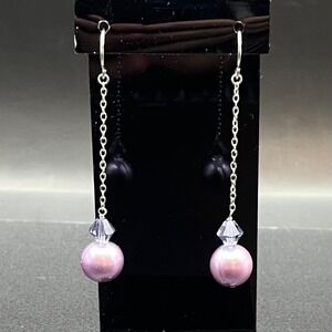Sterling Silver Chain Drop Earrings with Purple Cultured Pearls & Crystal Bicone